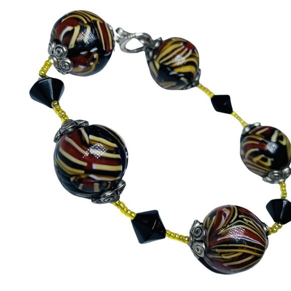 Murano Italy Swirl Multicolor Chunky Glass Bead Bracelet 9" Rare 19mm Trendy - Picture 8 of 10